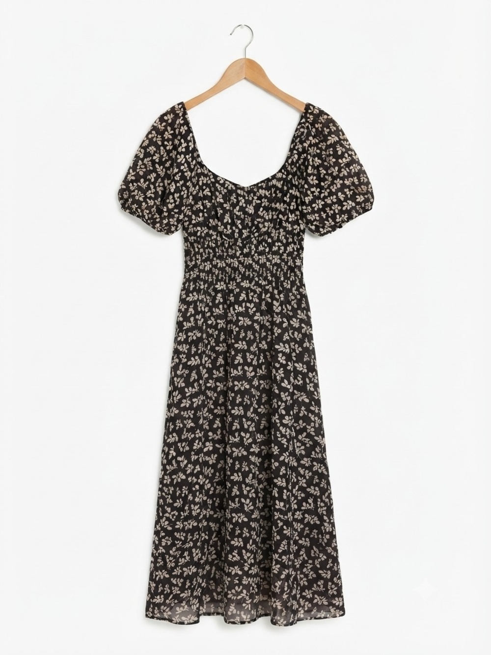 Tory Burch Black Floral Smocked Puff Sleeve Midi Dress Size S